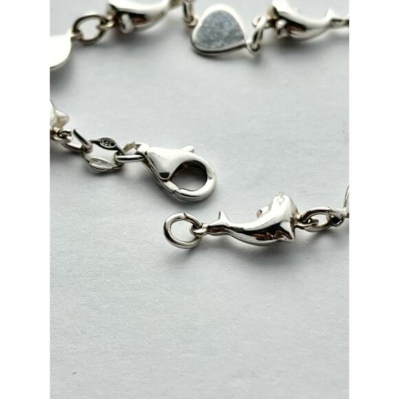 .925 Sterling Silver Puffed Dolphin & Hearts Link Bracelet, Italy 7” - Picture 4 of 5